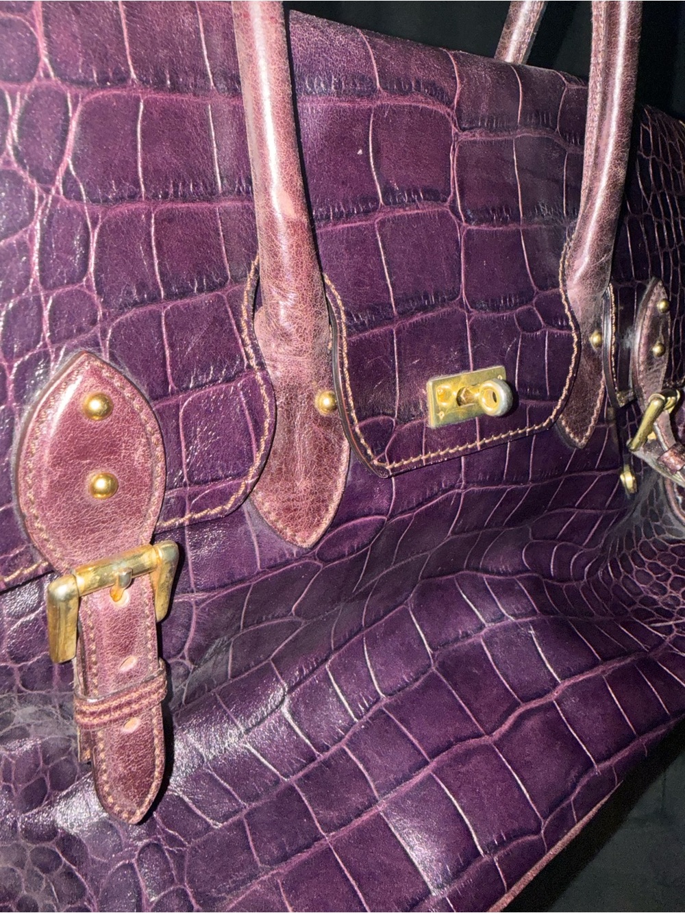 Genuine Italian Leather: Croc-Embossed Royal Purple Shoulder Bag, Gold Hardware